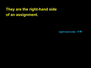 Example of a statement, which declares
(creates) a variable foo:
var foo;
statement의 예, 변수 foo를 선언하는

declare : 선언하다

statement:

variable foo: 변수 foo

var foo;

 