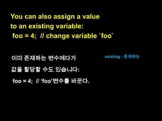 You can declare a variable and assign a
value at the same time:
var foo = 6;
at the same time : 동시
에

 