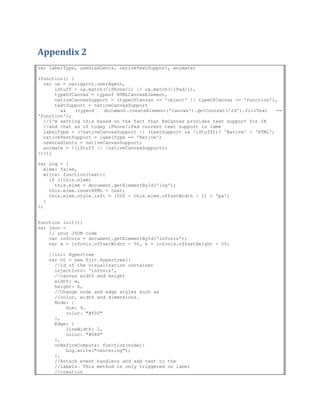 Appendix 2
var labelType, useGradients, nativeTextSupport, animate;

(function() {
  var ua = navigator.userAgent,
      iStuff = ua.match(/iPhone/i) || ua.match(/iPad/i),
      typeOfCanvas = typeof HTMLCanvasElement,
      nativeCanvasSupport = (typeOfCanvas == 'object' || typeOfCanvas == 'function'),
      textSupport = nativeCanvasSupport
        &&    (typeof  document.createElement('canvas').getContext('2d').fillText    ==
'function');
  //I'm setting this based on the fact that ExCanvas provides text support for IE
  //and that as of today iPhone/iPad current text support is lame
  labelType = (!nativeCanvasSupport || (textSupport && !iStuff))? 'Native' : 'HTML';
  nativeTextSupport = labelType == 'Native';
  useGradients = nativeCanvasSupport;
  animate = !(iStuff || !nativeCanvasSupport);
})();

var Log = {
  elem: false,
  write: function(text){
    if (!this.elem)
      this.elem = document.getElementById('log');
    this.elem.innerHTML = text;
    this.elem.style.left = (500 - this.elem.offsetWidth / 2) + 'px';
  }
};


function init(){
var json =
    // your JSON code
    var infovis = document.getElementById('infovis');
    var w = infovis.offsetWidth - 50, h = infovis.offsetHeight - 50;

    //init Hypertree
    var ht = new $jit.Hypertree({
      //id of the visualization container
      injectInto: 'infovis',
      //canvas width and height
      width: w,
      height: h,
      //Change node and edge styles such as
      //color, width and dimensions.
      Node: {
          dim: 9,
          color: "#f00"
      },
      Edge: {
          lineWidth: 2,
          color: "#088"
      },
      onBeforeCompute: function(node){
          Log.write("centering");
      },
      //Attach event handlers and add text to the
      //labels. This method is only triggered on label
      //creation
 