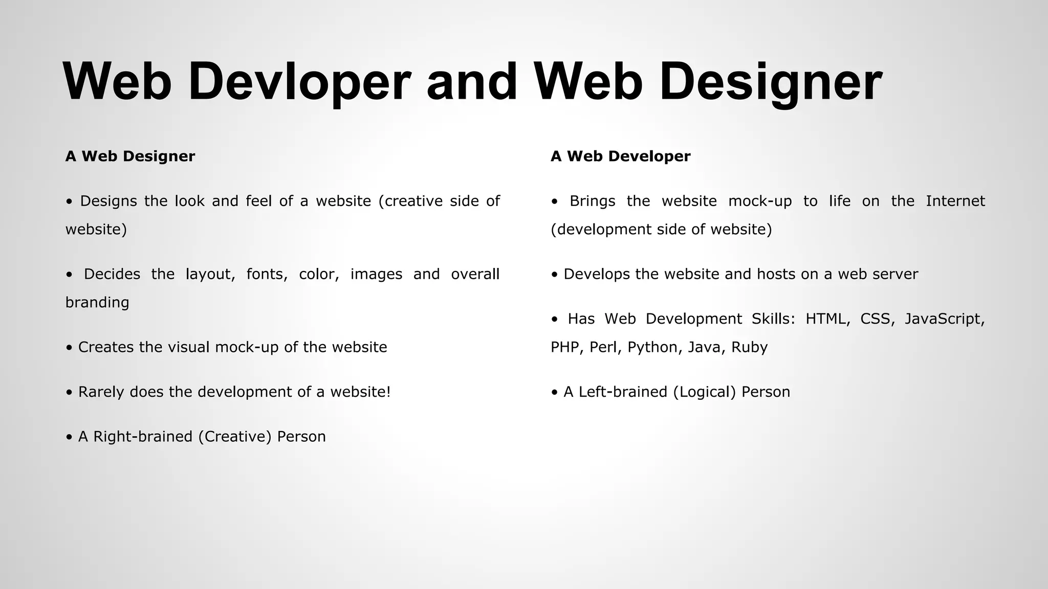 Web Devloper and Web Designer
A Web Designer
• Designs the look and feel of a website (creative side of
website)
• Decides the layout, fonts, color, images and overall
branding
• Creates the visual mock-up of the website
• Rarely does the development of a website!
• A Right-brained (Creative) Person
A Web Developer
• Brings the website mock-up to life on the Internet
(development side of website)
• Develops the website and hosts on a web server
• Has Web Development Skills: HTML, CSS, JavaScript,
PHP, Perl, Python, Java, Ruby
• A Left-brained (Logical) Person
 