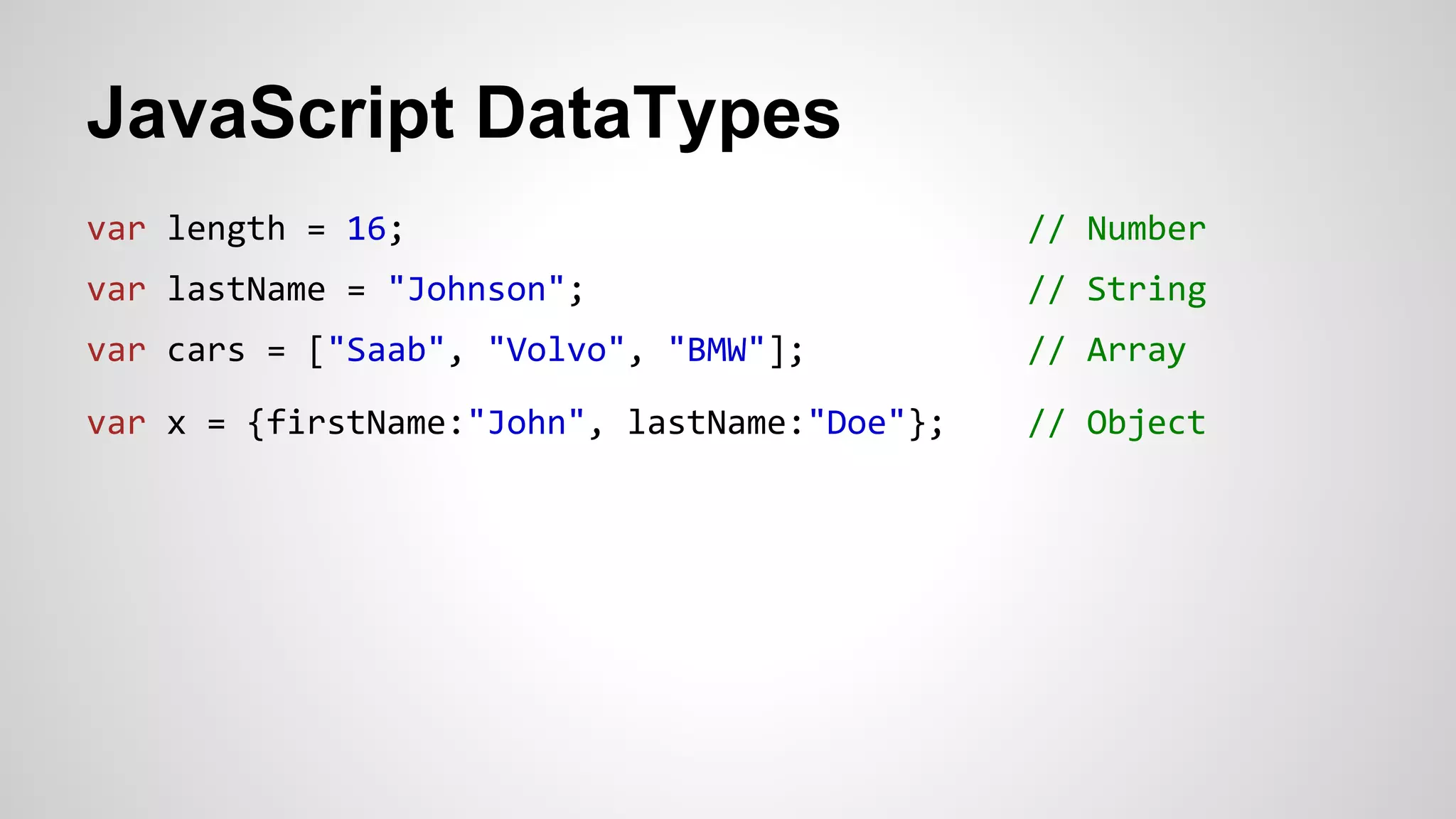 JavaScript DataTypes
var length = 16; // Number
var lastName = "Johnson"; // String
var cars = ["Saab", "Volvo", "BMW"]; // Array
var x = {firstName:"John", lastName:"Doe"}; // Object
 