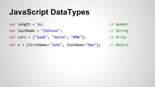 JavaScript DataTypes
var length = 16; // Number
var lastName = "Johnson"; // String
var cars = ["Saab", "Volvo", "BMW"]; // Array
var x = {firstName:"John", lastName:"Doe"}; // Object
 