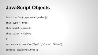 JavaScript Objects
function Car(type,model,color){
this.type = type;
this.model = model;
this.color = color;
};
var corsa = new Car(‘Opel’,’Corsa’,’Blue’);
console.log(corsa.type);
 