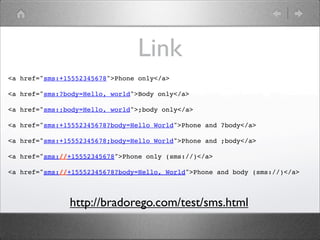 Link
<a href="sms:+15552345678">Phone only</a>
<a href="sms:?body=Hello, world">Body only</a>
<a href="sms:;body=Hello, world">;body only</a>
<a href="sms:+15552345678?body=Hello World">Phone and ?body</a>
<a href="sms:+15552345678;body=Hello World">Phone and ;body</a>
<a href="sms://+15552345678">Phone only (sms://)</a>
<a href="sms://+15552345678?body=Hello, World">Phone and body (sms://)</a>

http://bradorego.com/test/sms.html

 