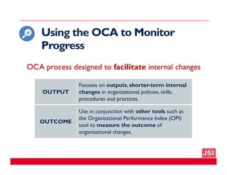 OCA process designed to facilitate internal changes
Using the OCA to Monitor
Progress
OUTPUT
Focuses on outputs, shorter-t...