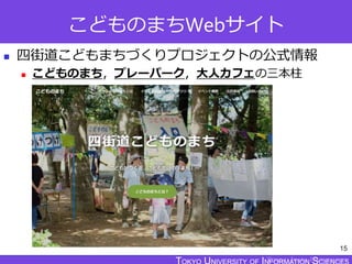 TOKYO JOHO UNIVERSITY
こどものまちWebサイト
 四街道こどもまちづくりプロジェクトの公式情報
 こどものまち，プレーパーク，大人カフェの三本柱
15
 