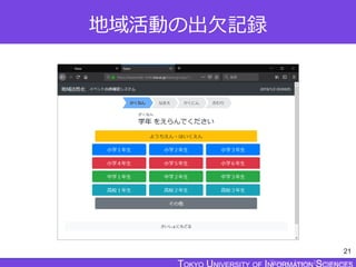 TOKYO JOHO UNIVERSITY
地域活動の出欠記録
21
 