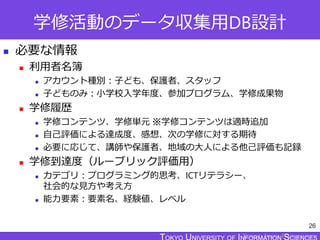 TOKYO JOHO UNIVERSITY
学修活動のデータ収集用DB設計
 必要な情報
 利用者名簿
 アカウント種別：子ども、保護者、スタッフ
 子どものみ：小学校入学年度、参加プログラム、学修成果物
 学修履歴
 学修コンテンツ、学修単元 ※学修コンテンツは適時追加
 自己評価による達成度、感想、次の学修に対する期待
 必要に応じて、講師や保護者、地域の大人による他己評価も記録
 学修到達度（ルーブリック評価用）
 カテゴリ：プログラミング的思考、ICTリテラシー、
社会的な見方や考え方
 能力要素：要素名、経験値、レベル
26
 