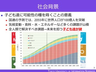 TOKYO JOHO UNIVERSITY
社会背景
 子ども達に可能性の種を蒔くことの意義
 国連の予測では、2055年に世界人口が100億人を突破
 気候変動・食料・水・エネルギーなど多くの課題が山積
 全人類で解決すべき課題→未来を担う子ども達が鍵
3
 