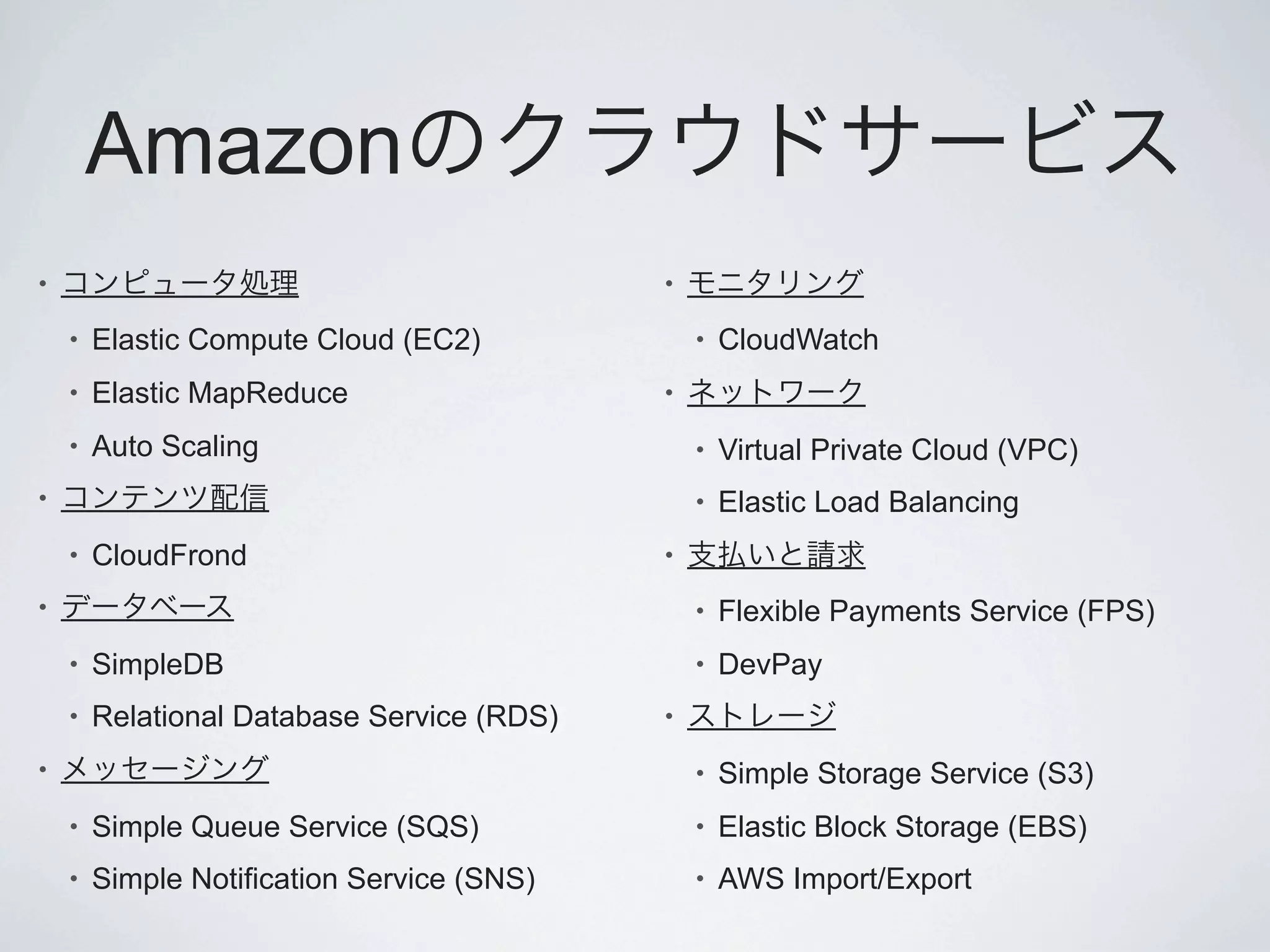 Amazon
•                                           •

    •   Elastic Compute Cloud (EC2)             •   CloudWatch
    •   Elastic MapReduce                   •

    •   Auto Scaling                            •   Virtual Private Cloud (VPC)
•                                               •   Elastic Load Balancing
    •   CloudFrond                          •

•                                               •   Flexible Payments Service (FPS)
    •   SimpleDB                                •   DevPay
    •   Relational Database Service (RDS)   •

•                                               •   Simple Storage Service (S3)
    •   Simple Queue Service (SQS)              •   Elastic Block Storage (EBS)
    •   Simple Notification Service (SNS)       •   AWS Import/Export
 