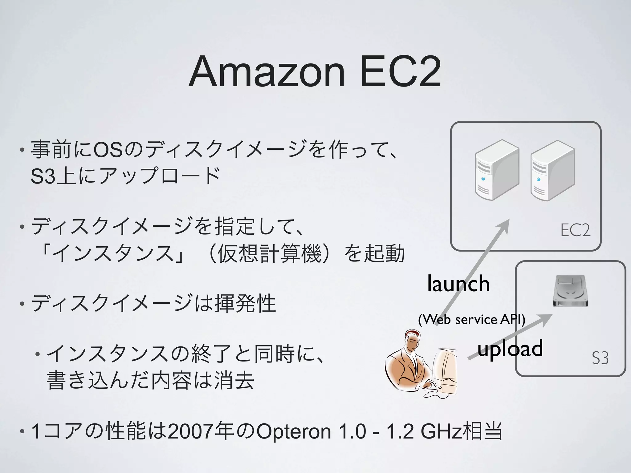 Amazon EC2
•        OS
    S3

•                                                        EC2

                                      launch
•
                                     (Web service API)

    •                                         upload           S3


•1            2007   Opteron 1.0 - 1.2 GHz
 