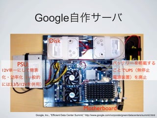 Google
                             Disk


         PSU:
12V                                                                                               UPS


      3.3/5/12V




                                                            Motherboard
                  Google, Inc., “Efficient Data Center Summit,” http://www.google.com/corporate/green/datacenters/summit.html
 