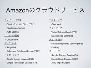 Amazon
•                                           •

    •   Elastic Compute Cloud (EC2)             •   CloudWatch
    •   Elastic MapReduce                   •

    •   Auto Scaling                            •   Virtual Private Cloud (VPC)
•                                               •   Elastic Load Balancing
    •   CloudFrond                          •

•                                               •   Flexible Payments Service (FPS)
    •   SimpleDB                                •   DevPay
    •   Relational Database Service (RDS)   •

•                                               •   Simple Storage Service (S3)
    •   Simple Queue Service (SQS)              •   Elastic Block Storage (EBS)
    •   Simple Notification Service (SNS)       •   AWS Import/Export
 