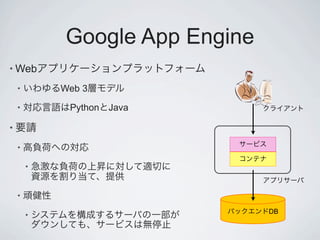 Google App Engine
• Web

    •       Web 3
    •        Python   Java

•

    •

        •


    •

                                DB
        •
 