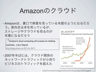 Amazon
• Amazon




     Amazon's cloud computing will surpass its retailing
  business Larry Dignan
  http://blogs.zdnet.com/BTL/?p=8471


• 2007




                                          http://www.technologyreview.com/computing/22606/page3/
 