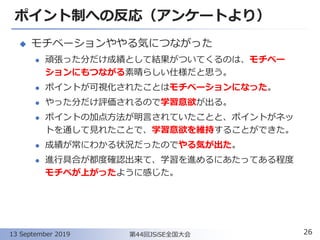 ポイント制への反応（アンケートより）
◆ モチベーションややる気につながった
⚫ 頑張った分だけ成績として結果がついてくるのは、モチベー
ションにもつながる素晴らしい仕様だと思う。
⚫ ポイントが可視化されたことはモチベーションになった。
⚫ やった分だけ評価されるので学習意欲が出る。
⚫ ポイントの加点方法が明言されていたことと、ポイントがネッ
トを通して見れたことで、学習意欲を維持することができた。
⚫ 成績が常にわかる状況だったのでやる気が出た。
⚫ 進行具合が都度確認出来て、学習を進めるにあたってある程度
モチベが上がったように感じた。
26第44回JSiSE全国大会13 September 2019
 
