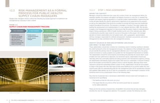 THE SUPPLY CHAIN MANAGER’S HANDBOOK A PRACTICAL GUIDE TO THE MANAGEMENT OF HEALTH COMMODITIES THE SUPPLY CHAIN MANAGER’S HANDBOOK A PRACTICAL GUIDE TO THE MANAGEMENT OF HEALTH COMMODITIES
12.3 
RISK MANAGEMENT AS A FORMAL
PROCESS FOR PUBLIC HEALTH
SUPPLY CHAIN MANAGERS
Supply chain managers should conduct the following four-phase approach to implement risk
management as a process in their context:
FIGURE 12-2.
SUPPLY CHAIN RISK MANAGEMENT PROCESS
SUPPLY CHAIN RISK MANAGEMENT PROCESS
1. RISK ASSESSMENT 2. RISK PLANNING 3. RISK MONITORING 4. INCIDENT HANDLING
• Set performance
objectives and identify
relevant stakeholders
• With stakeholders,
identify sources of risk
• Determine likelihood and
impact of risk events
• Prioritize risks for
management attention
• Identify response
strategies
• Review sources of
information for monitoring
indicators
• Collect and monitor
information as needed
• Form a quick-response
team
• Develop specific  general
contingency plans
• Document lessons
learned
DEFINE THE CONTEXT
Managers should first determine the scope and context of their risk management efforts, for
example: whether the program will apply to all logistics functions or only one, or whether the
program will support ongoing operations or a specific project implementation. Determining the
scope will help identify the specific performance objectives to be supported by the program
as well as the stakeholders that should be included to provide technical input and leadership
support throughout the process. For example, a manager in Country X has been tasked with
leading the development and implementation of a new national electronic LMIS. She decides
to apply a risk management approach to help ensure that the system meets its implementation
target of being operational in 95% of health facilities by the end of the calendar year. After
considering the possible major areas for sources of disruption to the project, the manager
decides to include stakeholders from all system levels, with a geographic representation,
and key managers responsible for software development, hardware procurement, and server
management to help contribute to the risk management process.
IDENTIFY SOURCES OF RISK AND DETERMINE LIKELIHOOD
AND IMPACT OF RISK EVENTS
These stakeholders should then convene for a workshop event or working meeting to develop
the initial framework of the risk management process. The objective of this facilitated discussion
should identify the primary risks for management attention and, in the longer term, the group
should reconvene to review progress and update the risk management framework as needed.
The stakeholders should first work towards enumerating the potential risk events which could
threaten the main performance objectives. As mentioned above, stakeholders should look
internally within the commodity pipeline (including upstream and international suppliers), among
the stakeholders that directly support the supply chain (such as commodity or program funders),
and at the broader environment for political unrest or natural disasters. Because these areas
represent a broad and potentially limitless supply of risks, stakeholders should be encouraged
to begin in this phase with risks that have at least some likelihood of occurrence within the next
several years with the understanding that the risk management plan will be periodically reviewed
and updated. Alternatively, the list of risks for consideration can be developed in advance of the
workshop event to focus participants’ time on the following tasks.
Once the list of potential risks is developed, stakeholders should review each and agree on a
numerical score quantifying:
• The likelihood that the risk event can occur
• 
The impact that the occurrence of the risk event would have as compared
to the stated objectives
These are the two primary characteristics of identified risk events that will help managers
prioritize the risks for management attention. For example, consider the following two risks:
12.3.1 STEP 1: RISK ASSESSMENT
12 12
Photos courtesy of IAPHL
181 182
 