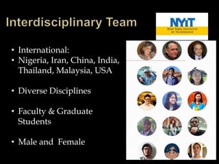 • International:
• Nigeria, Iran, China, India,
Thailand, Malaysia, USA
• Diverse Disciplines
• Faculty & Graduate
Students
• Male and Female
 