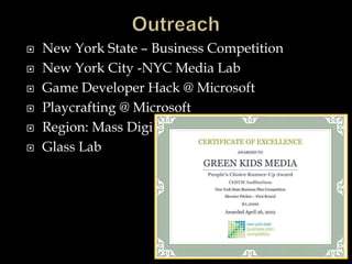  New York State – Business Competition
 New York City -NYC Media Lab
 Game Developer Hack @ Microsoft
 Playcrafting @ Microsoft
 Region: Mass Digi
 Glass Lab
 