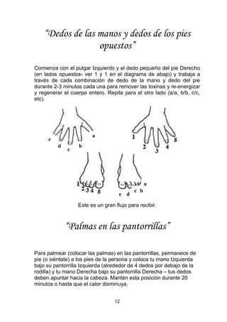 12
“Dedos de las manos y dedos de los pies
opuestos”
Comienza con el pulgar Izquierdo y el dedo pequeño del pie Derecho
(en lados opuestos- ver 1 y 1 en el diagrama de abajo) y trabaja a
través de cada combinación de dedo de la mano y dedo del pie
durante 2-3 minutos cada una para remover las toxinas y re-energizar
y regenerar el cuerpo entero. Repite para el otro lado (a/a, b/b, c/c,
etc).
Este es un gran flujo para recibir.
“Palmas en las pantorrillas”
Para palmear (colocar las palmas) en las pantorrillas, permanece de
pie (o siéntate) a los pies de la persona y coloca tu mano Izquierda
bajo su pantorrilla Izquierda (alrededor de 4 dedos por debajo de la
rodilla) y tu mano Derecha bajo su pantorrilla Derecha – tus dedos
deben apuntar hacia la cabeza. Mantén esta posición durante 20
minutos o hasta que el calor disminuya.
a
bd
e
c
c
a
e d
b
 