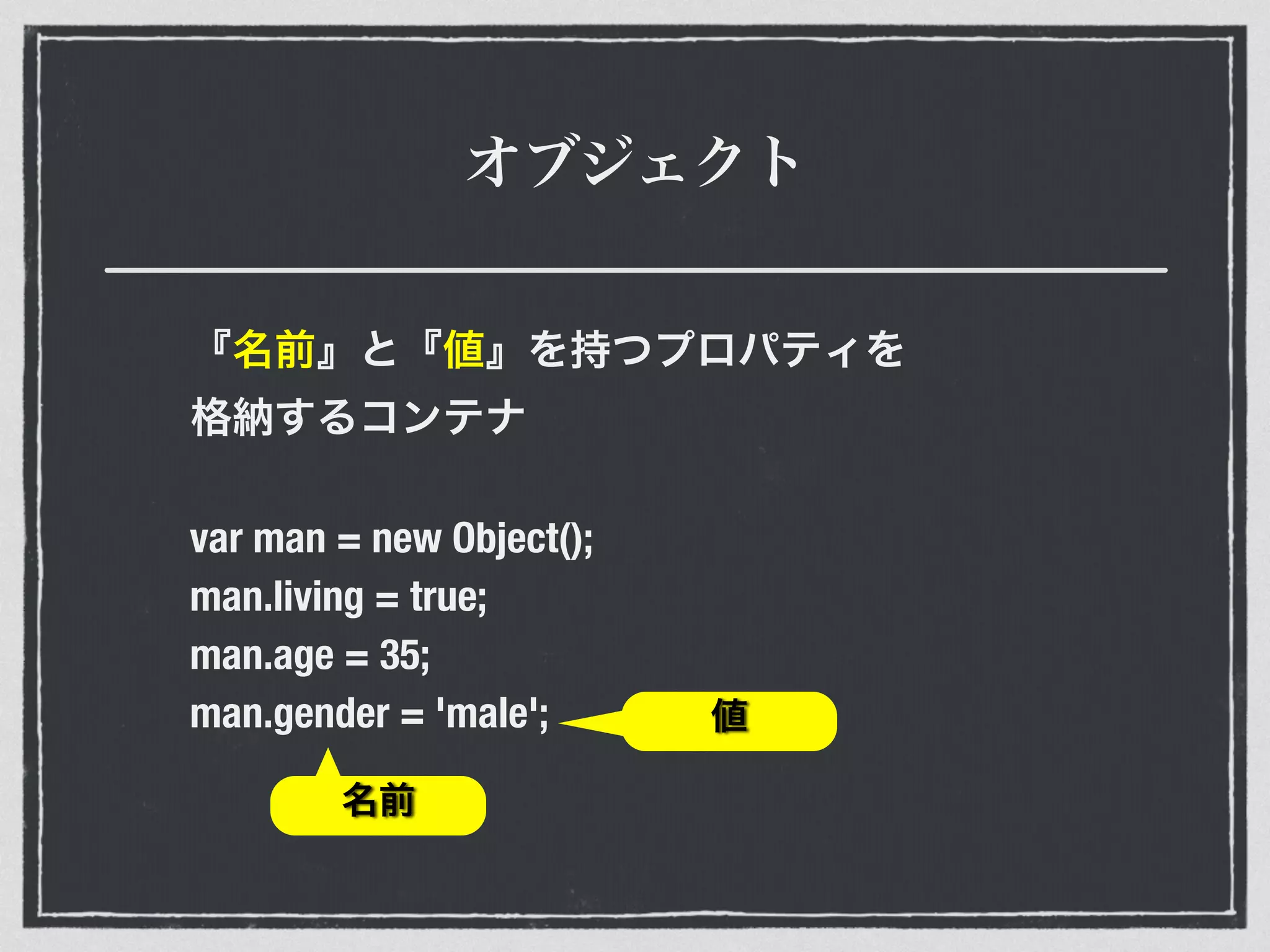 オブジェクト
『名前』と『値』を持つプロパティを 
格納するコンテナ
var man = new Object();
man.living = true;
man.age = 35;
man.gender = 'male'; 値
名前
 