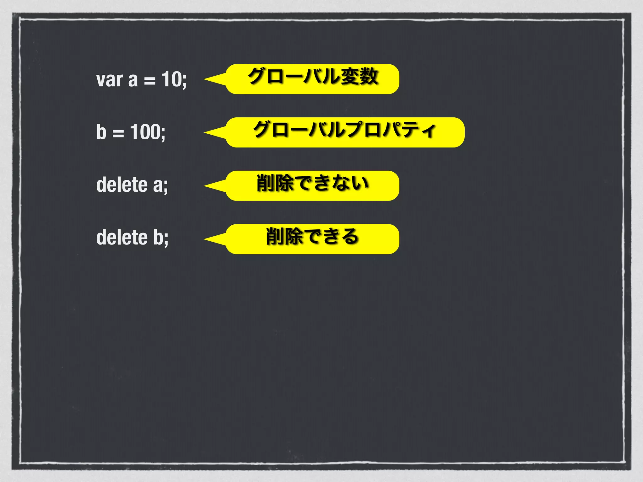 var a = 10;
b = 100;
delete a;
delete b;
グローバル変数
グローバルプロパティ
削除できない
削除できる
 