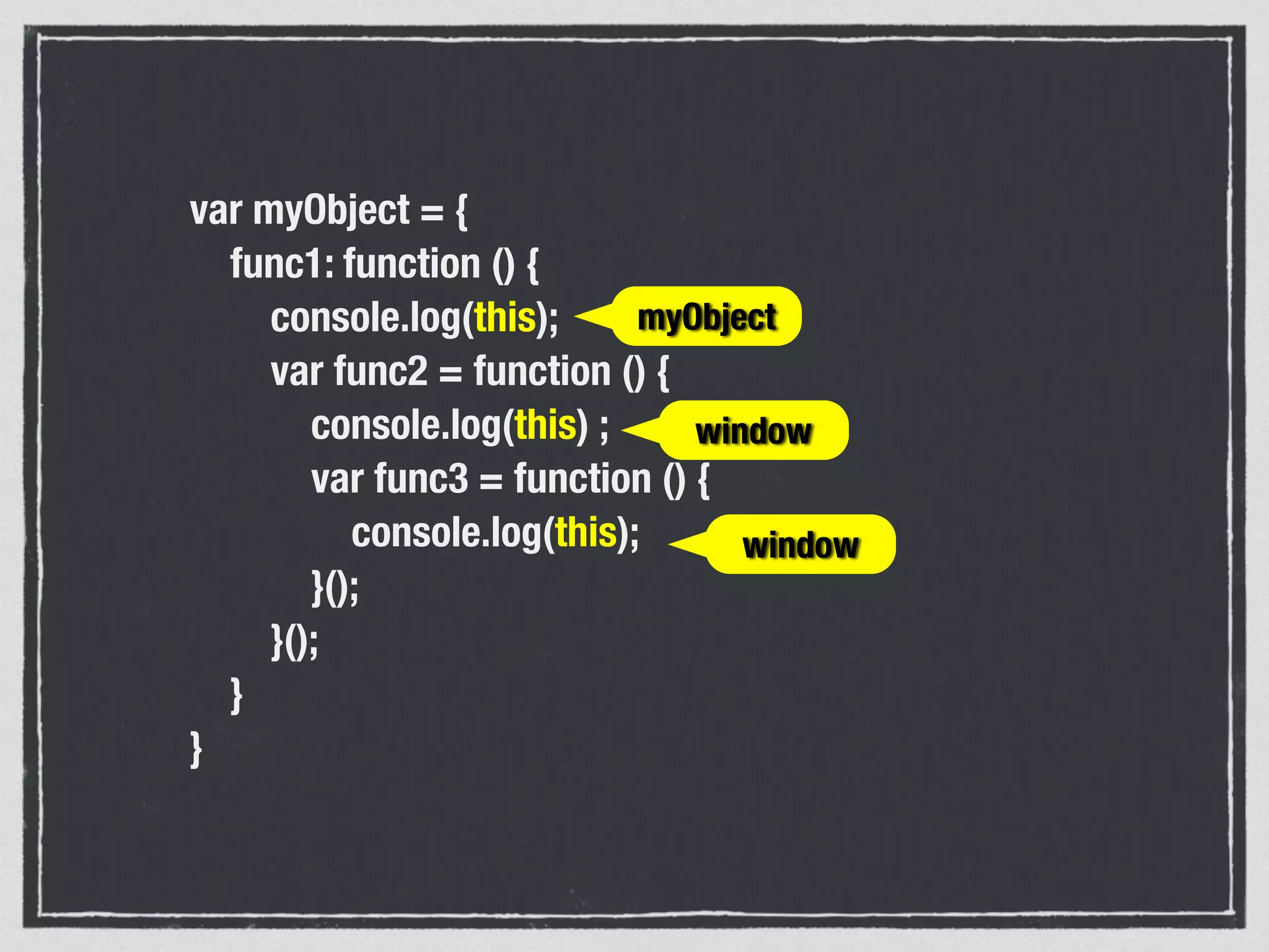 var myObject = {
func1: function () {
console.log(this);
var func2 = function () {
console.log(this) ;
var func3 = function () {
console.log(this);
}();
}();
}
}
myObject
window
window
 
