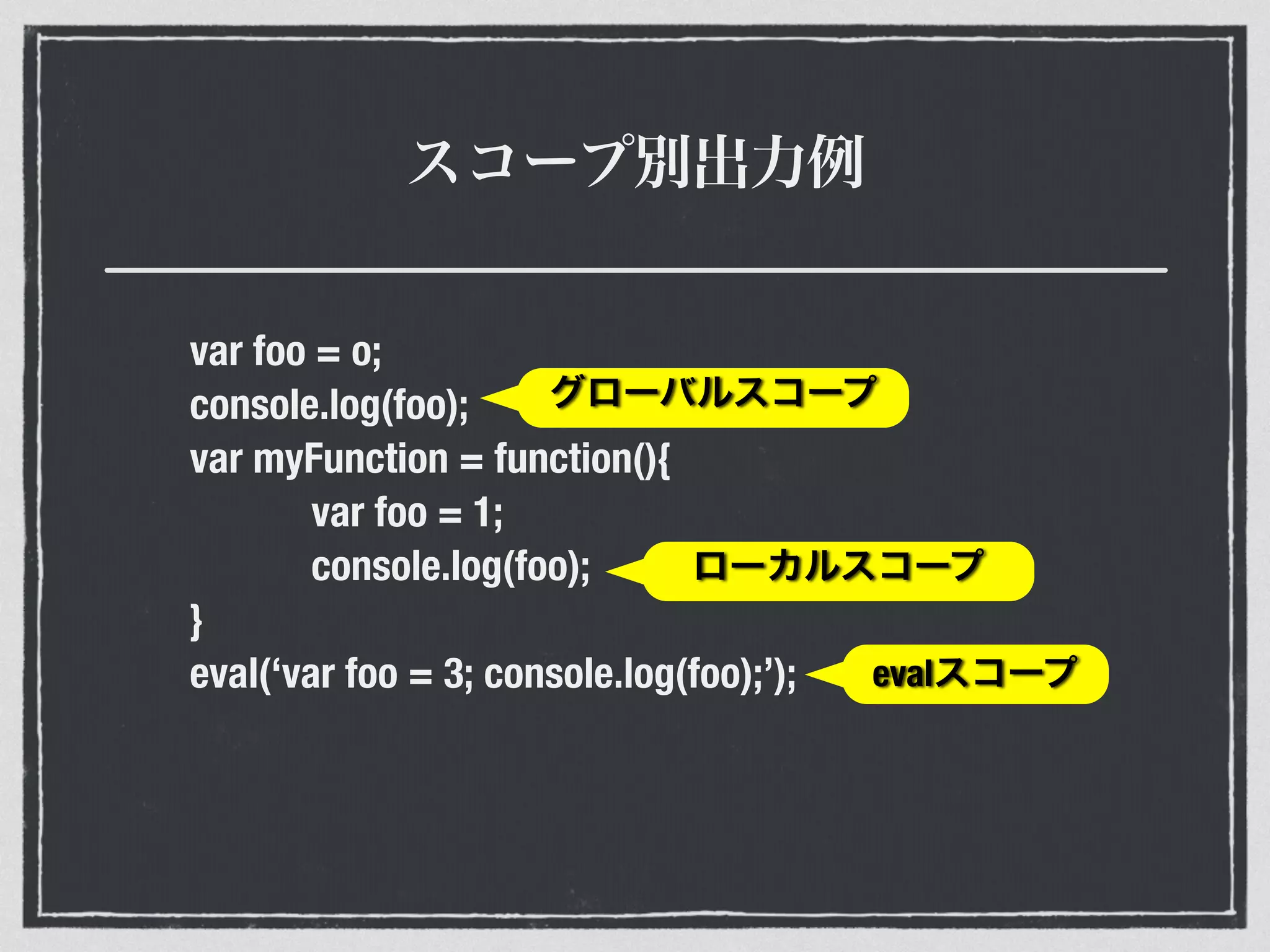 スコープ別出力例
var foo = o;
console.log(foo);
var myFunction = function(){
var foo = 1;
console.log(foo);
}
eval(‘var foo = 3; console.log(foo);’);
グローバルスコープ
ローカルスコープ
evalスコープ
 