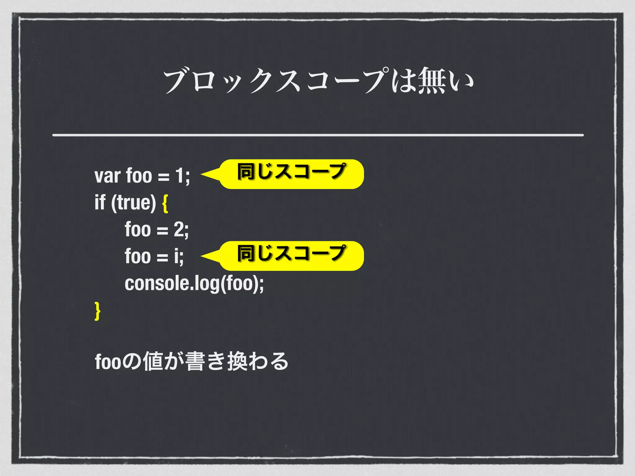 ブロックスコープは無い
var foo = 1;
if (true) {
foo = 2;
foo = i;
console.log(foo);
}
fooの値が書き換わる
同じスコープ
同じスコープ
 
