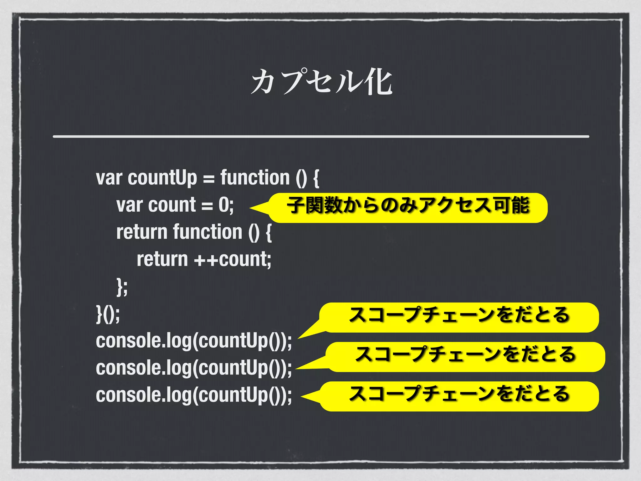 カプセル化
var countUp = function () {
var count = 0;
return function () {
return ++count;
};
}();
console.log(countUp());
console.log(countUp());
console.log(countUp());
子関数からのみアクセス可能
スコープチェーンをだとる
スコープチェーンをだとる
スコープチェーンをだとる
 