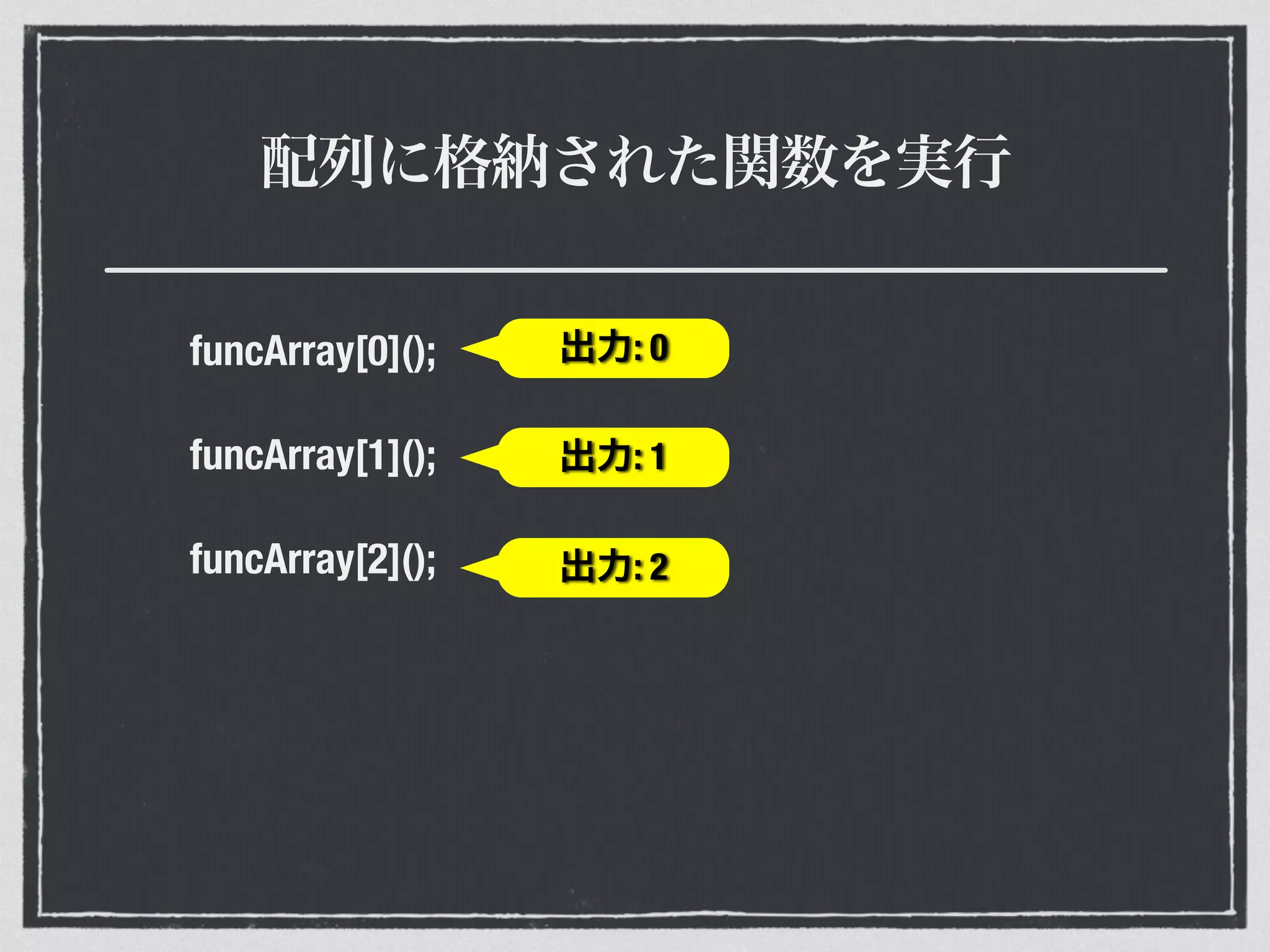 配列に格納された関数を実行
funcArray[0]();
funcArray[1]();
funcArray[2]();
出力: 0
出力: 1
出力: 2
 