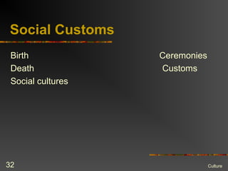 Social Customs
Birth Ceremonies
Death Customs
Social cultures
Culture32
 