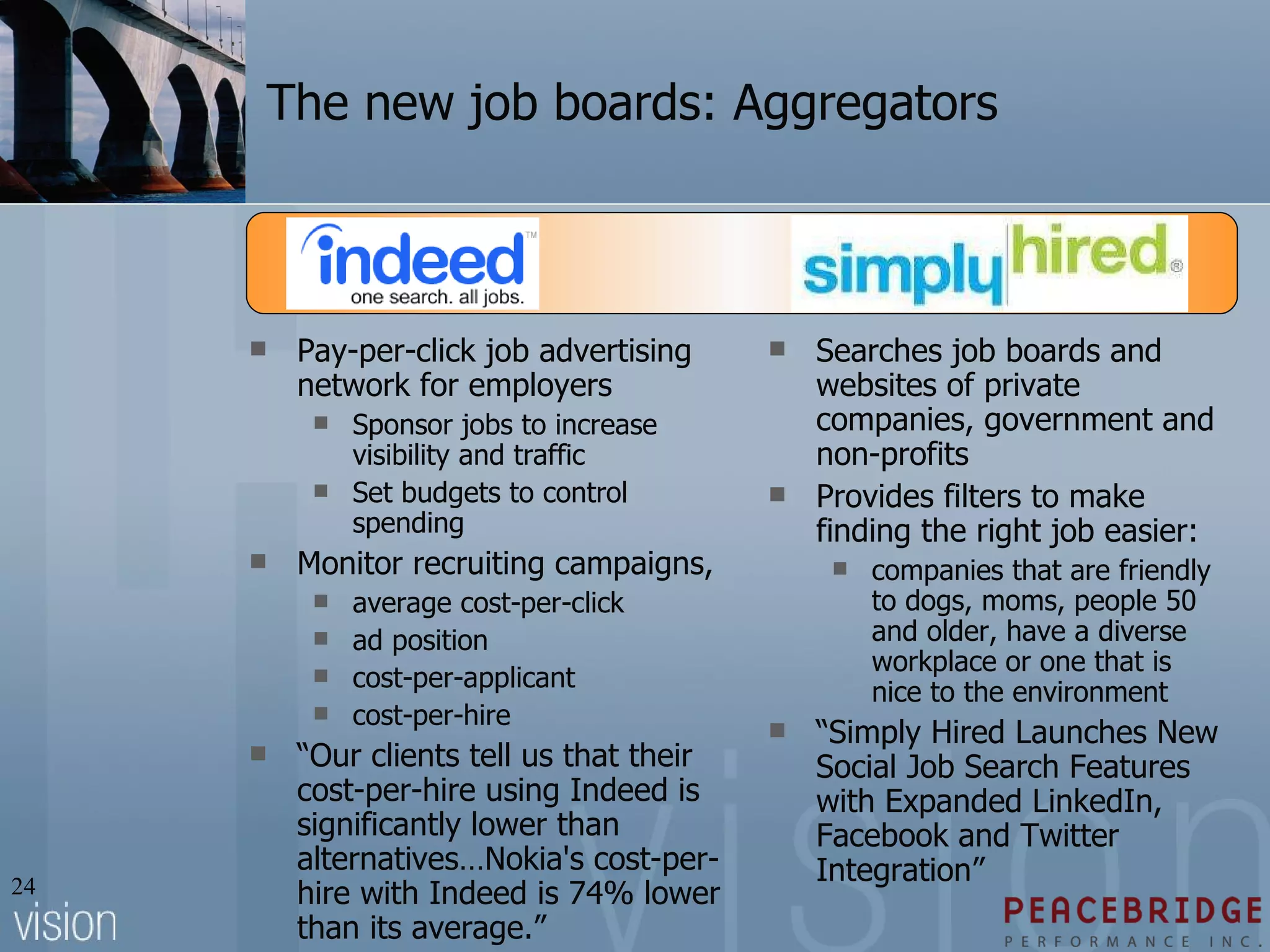 The new job boards: Aggregators Pay-per-click job advertising network for employers Sponsor jobs to increase visibility and traffic Set budgets to control spending Monitor recruiting campaigns,  average cost-per-click ad position cost-per-applicant cost-per-hire “ Our clients tell us that their cost-per-hire using Indeed is significantly lower than alternatives…Nokia's cost-per-hire with Indeed is 74% lower than its average.” Searches job boards and websites of private companies, government and non-profits Provides filters to make finding the right job easier: companies that are friendly to dogs, moms, people 50 and older, have a diverse workplace or one that is nice to the environment “ Simply Hired Launches New Social Job Search Features with Expanded LinkedIn, Facebook and Twitter Integration” 