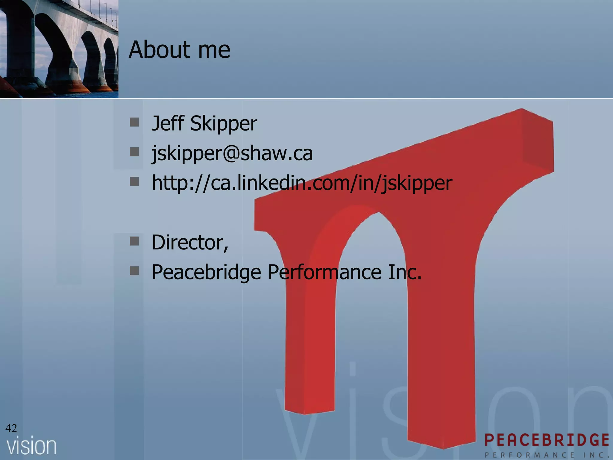 About me Jeff Skipper [email_address] http://ca.linkedin.com/in/jskipper Director,  Peacebridge Performance Inc. 