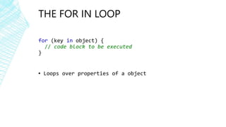 THE FOR IN LOOP
for (key in object) {
// code block to be executed
}
▪ Loops over properties of a object
 