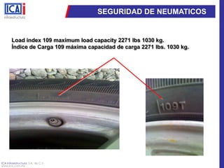 SEGURIDAD DE NEUMATICOSLoad index 109 maximum load capacity 2271 lbs 1030 kg.Índice de Carga 109 máxima capacidad de carga 2271 lbs. 1030 kg.