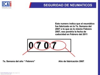 SEGURIDAD DE NEUMATICOSEste numero indica que el neumático fue fabricado en la 7a. Semana del 2007 o lo que es lo mismo Febrero 2007, eso pondría la fecha de caducidad en Febrero del 20110 7 0 77a. Semana del año “ Febrero”Año de fabricación 2007