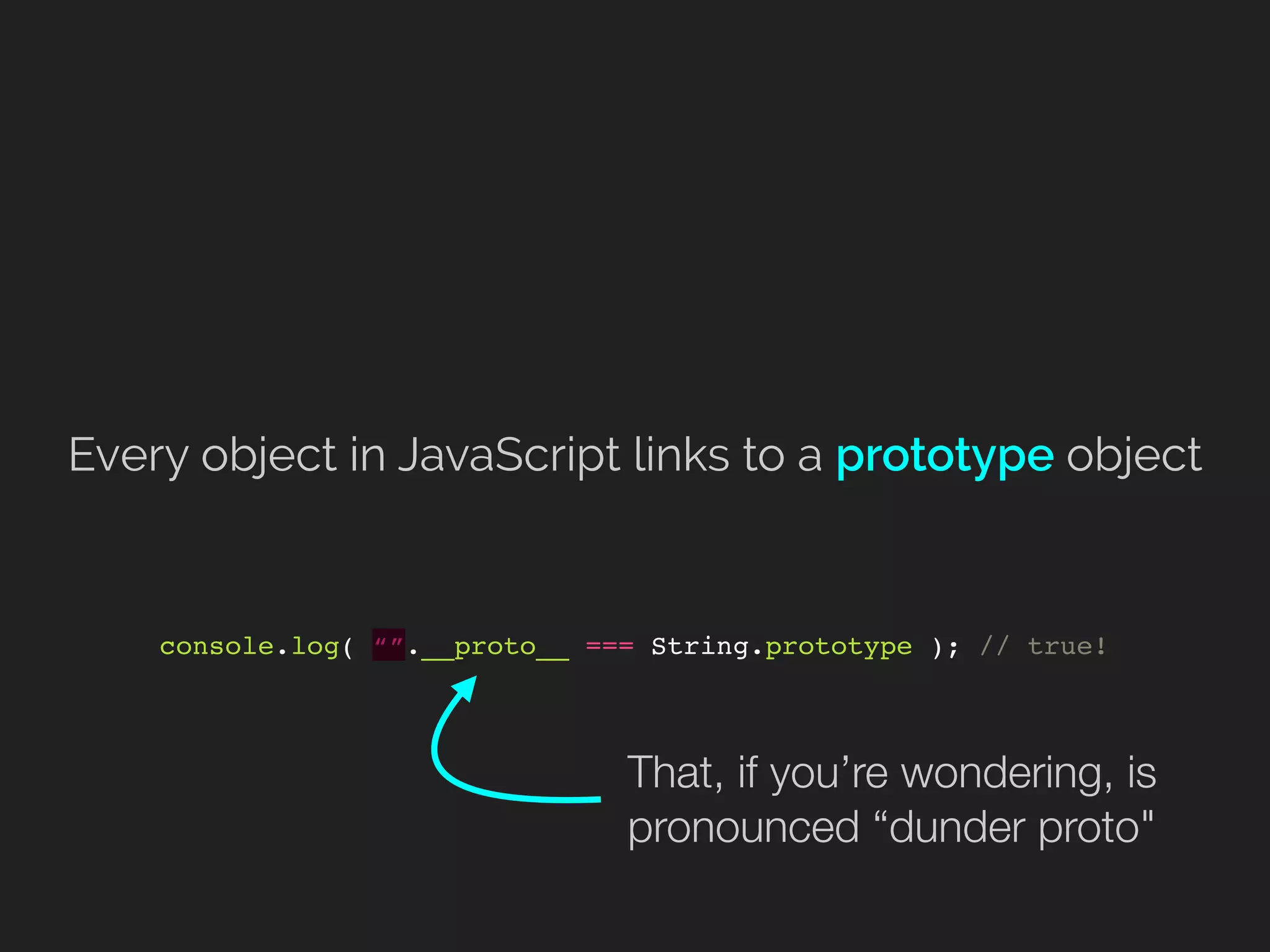 Every object in JavaScript links to a prototype object
console.log( “”.__proto__ === String.prototype ); // true!
That, if you’re wondering, is
pronounced “dunder proto"
 