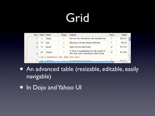 Grid


• An advanced table (resizable, editable, easily
  navigable)
• In Dojo and Yahoo UI