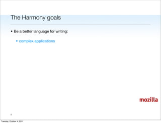 The Harmony goals

          • Be a better language for writing:

                • complex applications




                                                mozilla

          3


Tuesday, October 4, 2011
 
