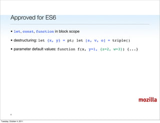 Approved for ES6

          • let, const, function in block scope

          • destructuring: let {x, y} = pt; let [s, v, o] = triple()

          • parameter default values: function f(x, y=1, {z=2, w=3}) {...}




                                                                             mozilla

          4


Tuesday, October 4, 2011
 