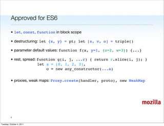 Approved for ES6

          • let, const, function in block scope

          • destructuring: let {x, y} = pt; let [s, v, o] = triple()

          • parameter default values: function f(x, y=1, {z=2, w=3}) {...}

          • rest, spread: function g(i, j, ...r) { return r.slice(i, j); }
                          let a = [0, 1, 2, 3],
                              o = new any_constructor(...a)


          • proxies, weak maps: Proxy.create(handler, proto), new WeakMap




                                                                             mozilla

          4


Tuesday, October 4, 2011
 