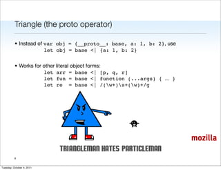 Triangle (the proto operator)

          • Instead of var obj = {__proto__: base, a: 1, b: 2}, use
                       let obj = base <| {a: 1, b: 2}


          • Works for other literal object forms:
                      let arr = base <| [p, q, r]
                      let fun = base <| function (...args) { ... }
                      let re = base <| /(w+)s+(w)+/g




                                                                      mozilla

          8


Tuesday, October 4, 2011
 