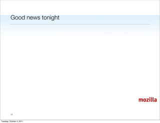 Good news tonight




                              mozilla

          17


Tuesday, October 4, 2011
 