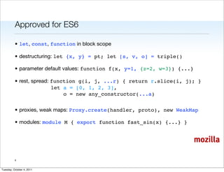 Approved for ES6

          • let, const, function in block scope

          • destructuring: let {x, y} = pt; let [s, v, ...