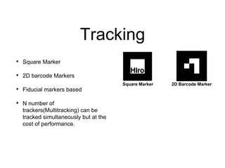 Tracking
• Square Marker
• 2D barcode Markers
• Fiducial markers based
• N number of
trackers(Multitracking) can be
tracked simultaneously but at the
cost of performance.
Square Marker 2D Barcode Marker
 