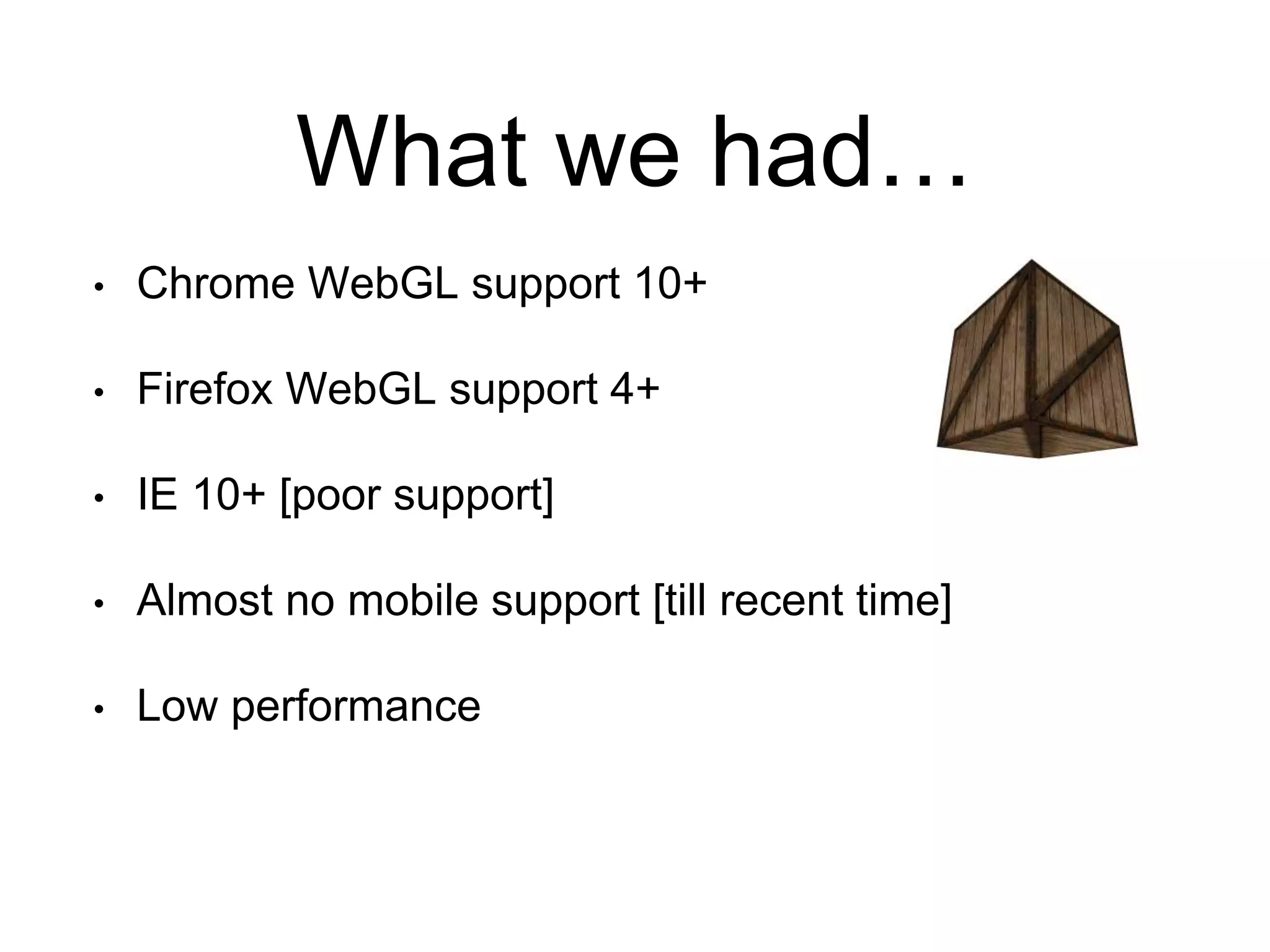 What we had…
• Chrome WebGL support 10+
• Firefox WebGL support 4+
• IE 10+ [poor support]
• Almost no mobile support [till recent time]
• Low performance
 