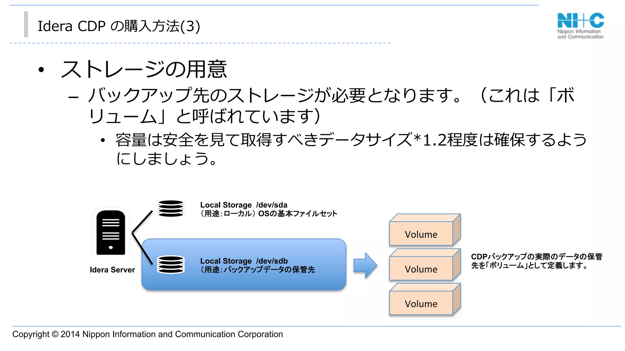 Copyright © 2014 Nippon Information and Communication Corporation
Idera  CDP  の購⼊入⽅方法(3)
•  ストレージの⽤用意  
–  バックアップ先のストレージが必要となります。（これは「ボ
リューム」と呼ばれています）
•  容量量は安全を⾒見見て取得すべきデータサイズ*1.2程度度は確保するよう
にしましょう。
Idera Server
Local Storage /dev/sda
（用途：ローカル） OSの基本ファイルセット
Local Storage /dev/sdb
（用途：バックアップデータの保管先　　　　　　　　　　　　　　
Volume	
Volume	
Volume	
CDPバックアップの実際のデータの保管
先を「ボリューム」として定義します。
 