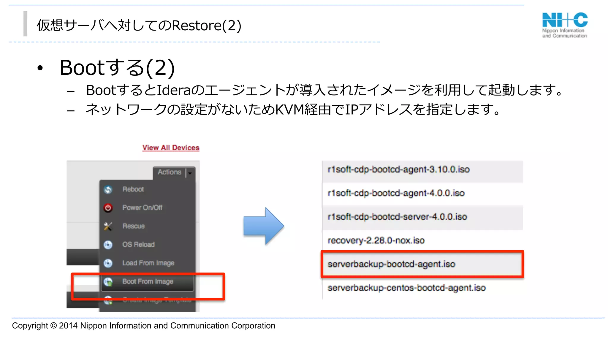Copyright © 2014 Nippon Information and Communication Corporation
仮想サーバへ対してのRestore(2)
•  Bootする(2)
–  BootするとIderaのエージェントが導⼊入されたイメージを利利⽤用して起動します。
–  ネットワークの設定がないためKVM経由でIPアドレスを指定します。
 