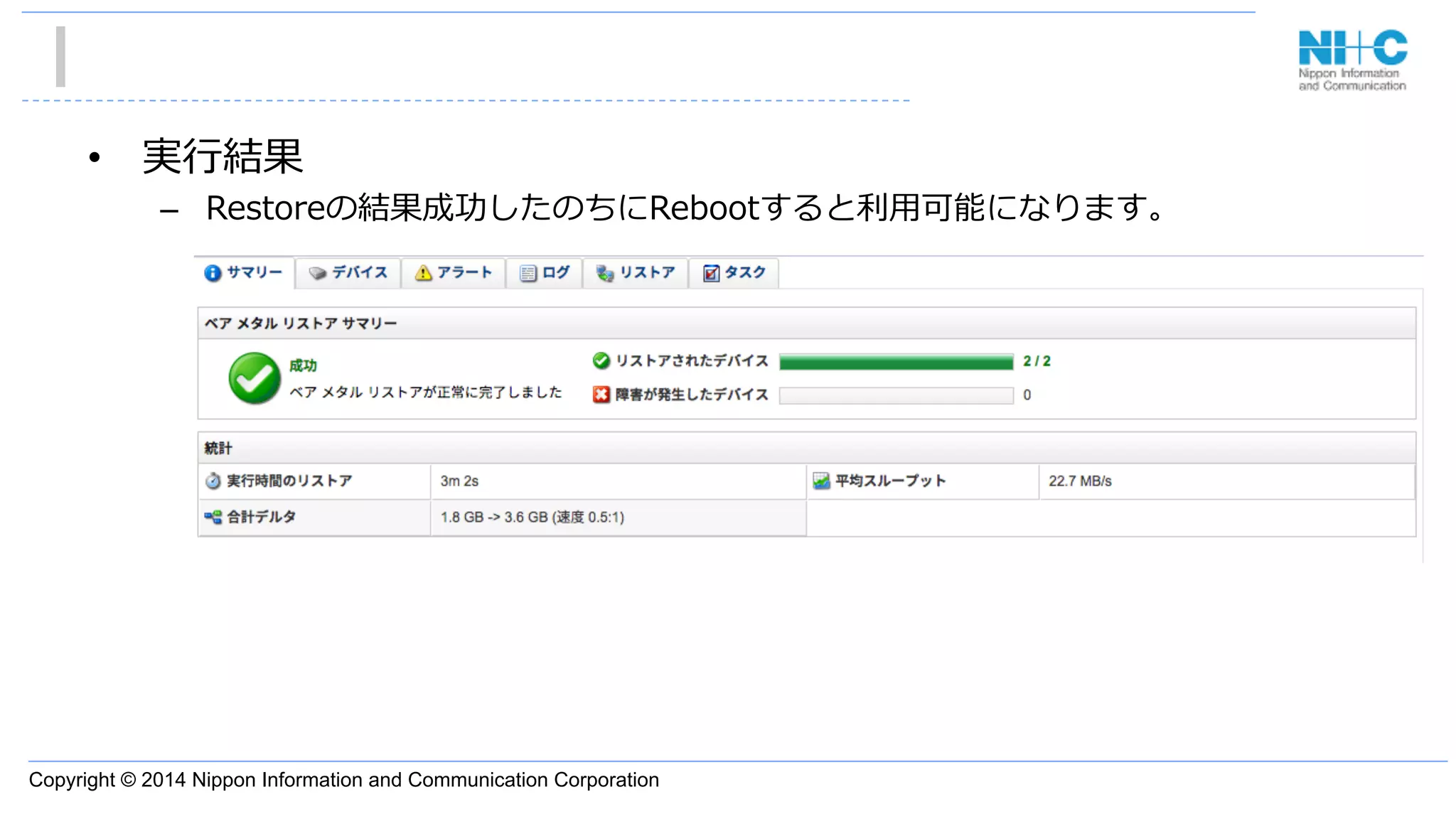 Copyright © 2014 Nippon Information and Communication Corporation
•  実⾏行行結果
–  Restoreの結果成功したのちにRebootすると利利⽤用可能になります。
 